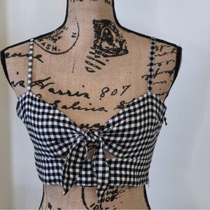 Privacy Please Black & White Gingham Tie-Front Crop Top